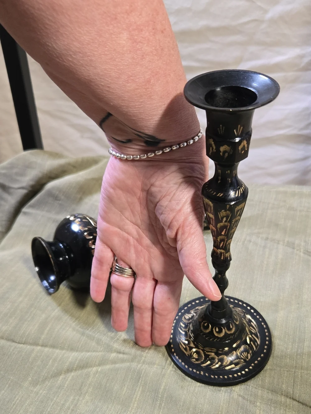 Black and Gold Floral Metal Vase and Two Candle Holder Set